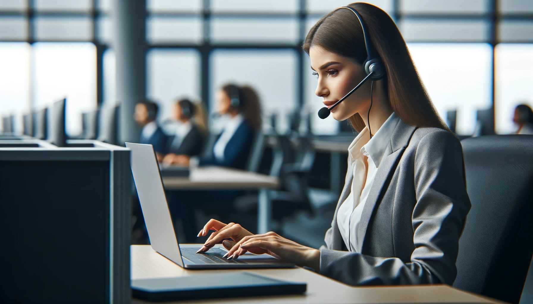 A business woman with a headset working on a laptop