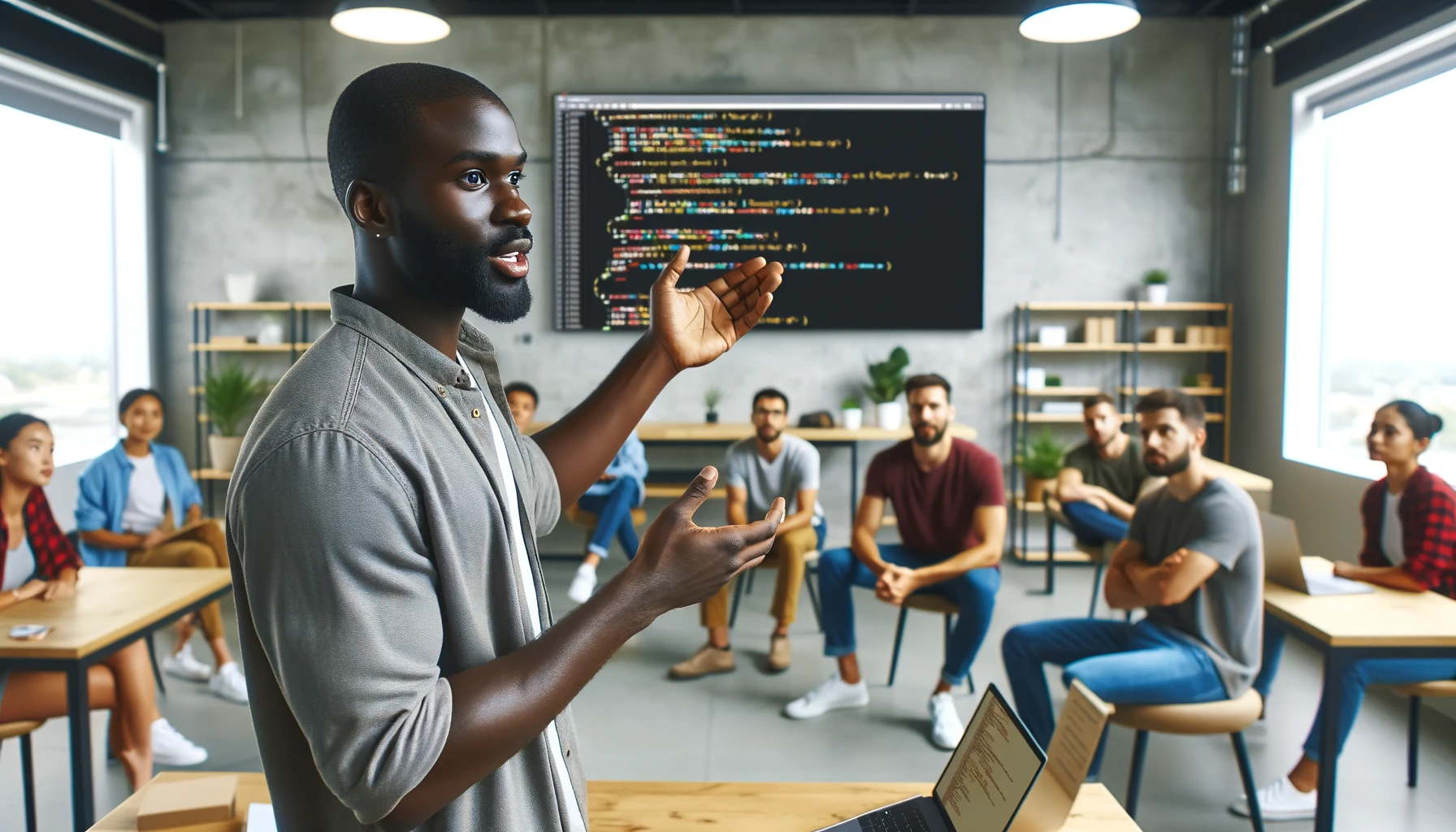 a black man conducting a seminar on it support in an open-plan work arena