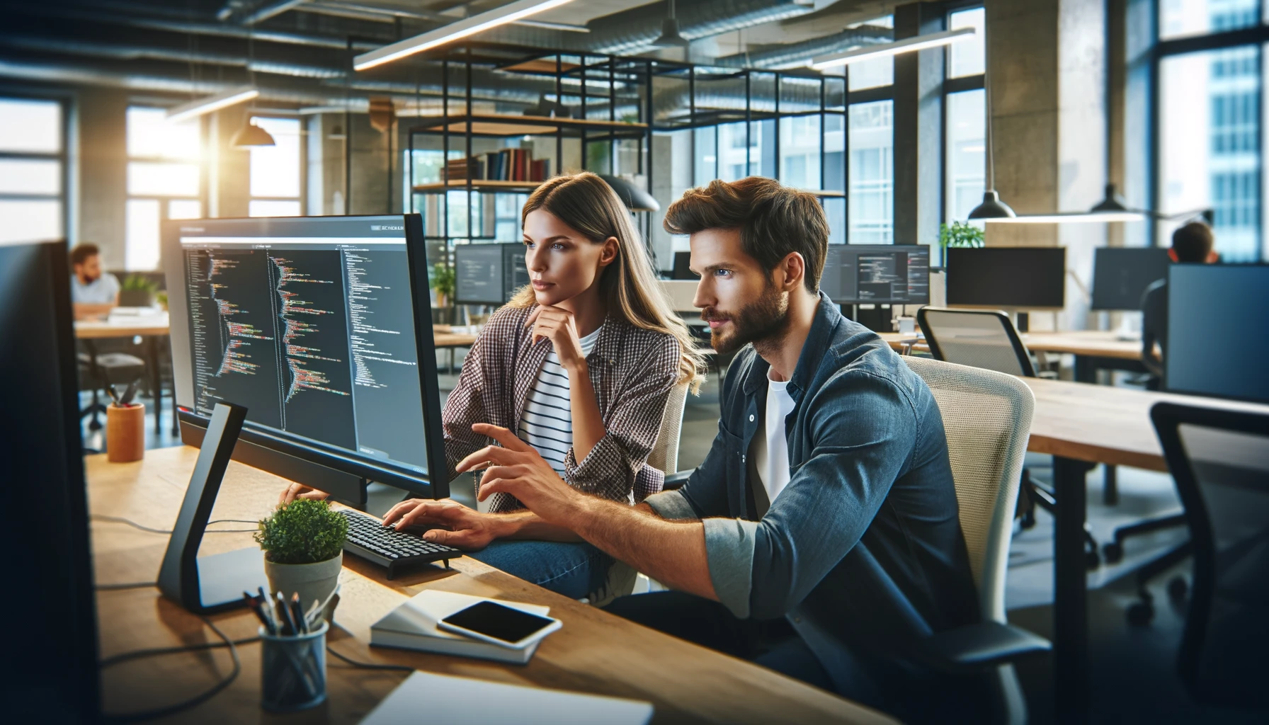 A scene of two web developers, one man and one woman, working together at a computer in a creative office environment