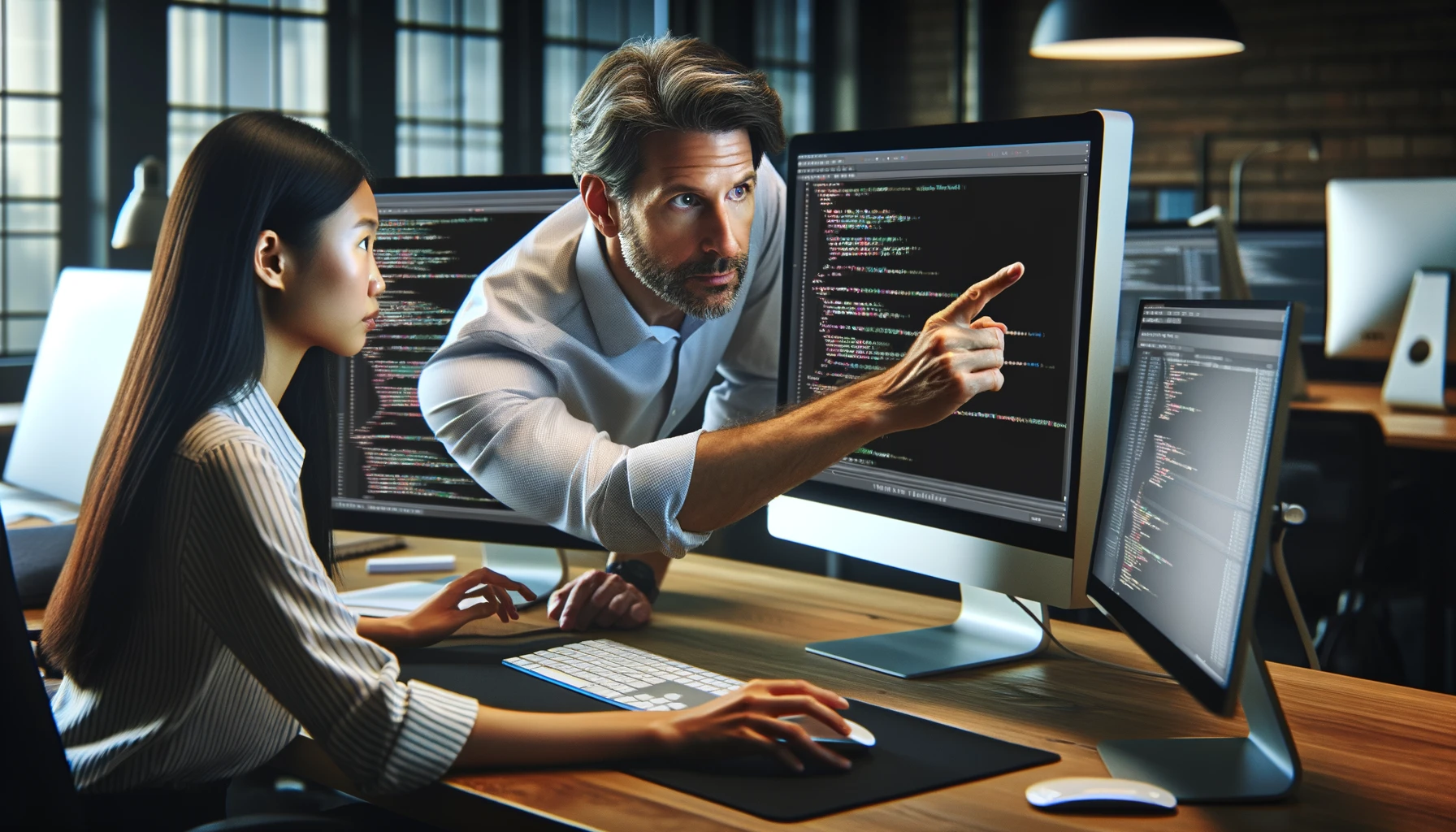 A project manager pointing at a computer screen while reviewing code with a colleague in an office