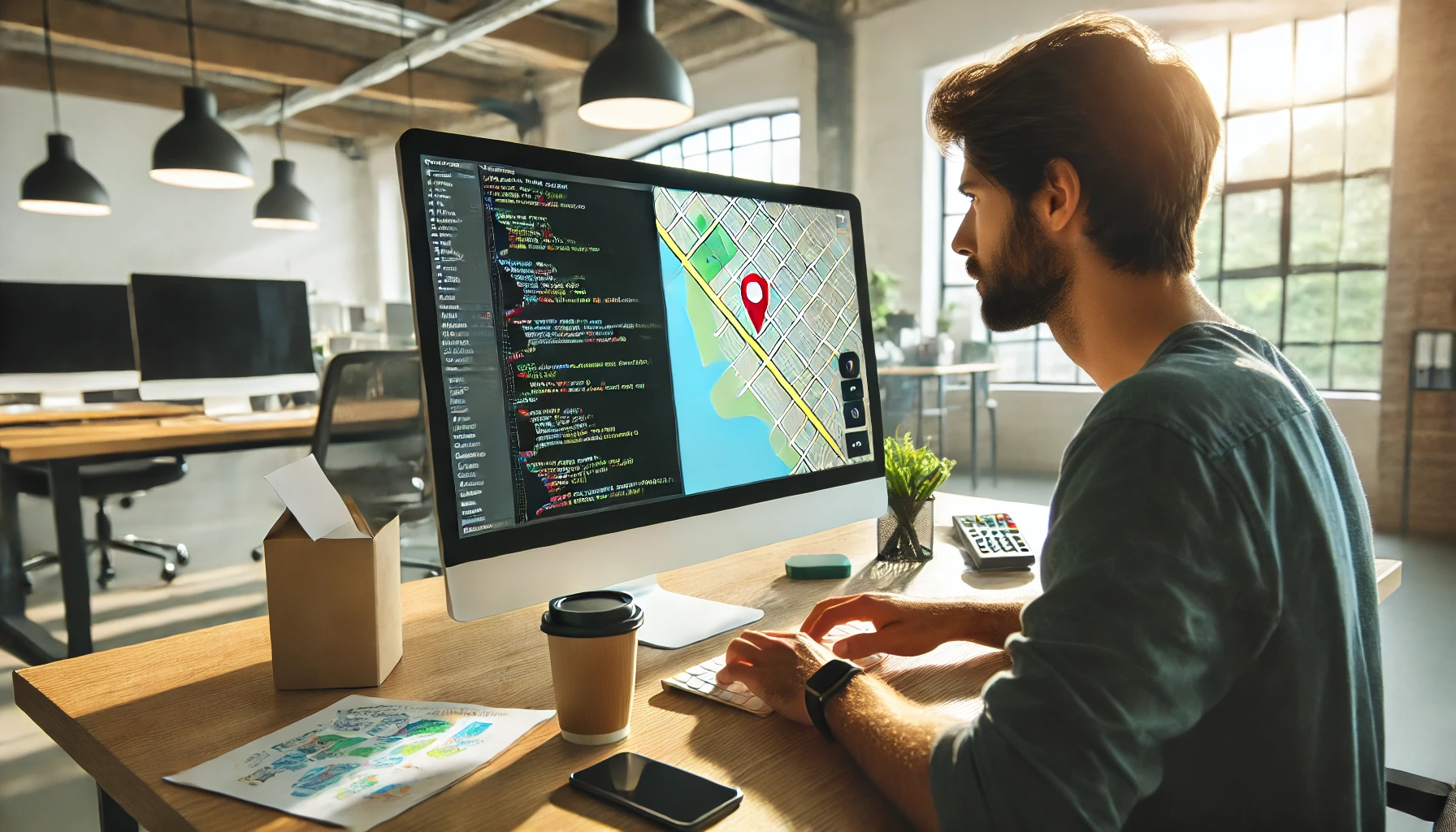 A developer is working intently at a computer in a modern office, focusing on integrating GPS technology into an app.