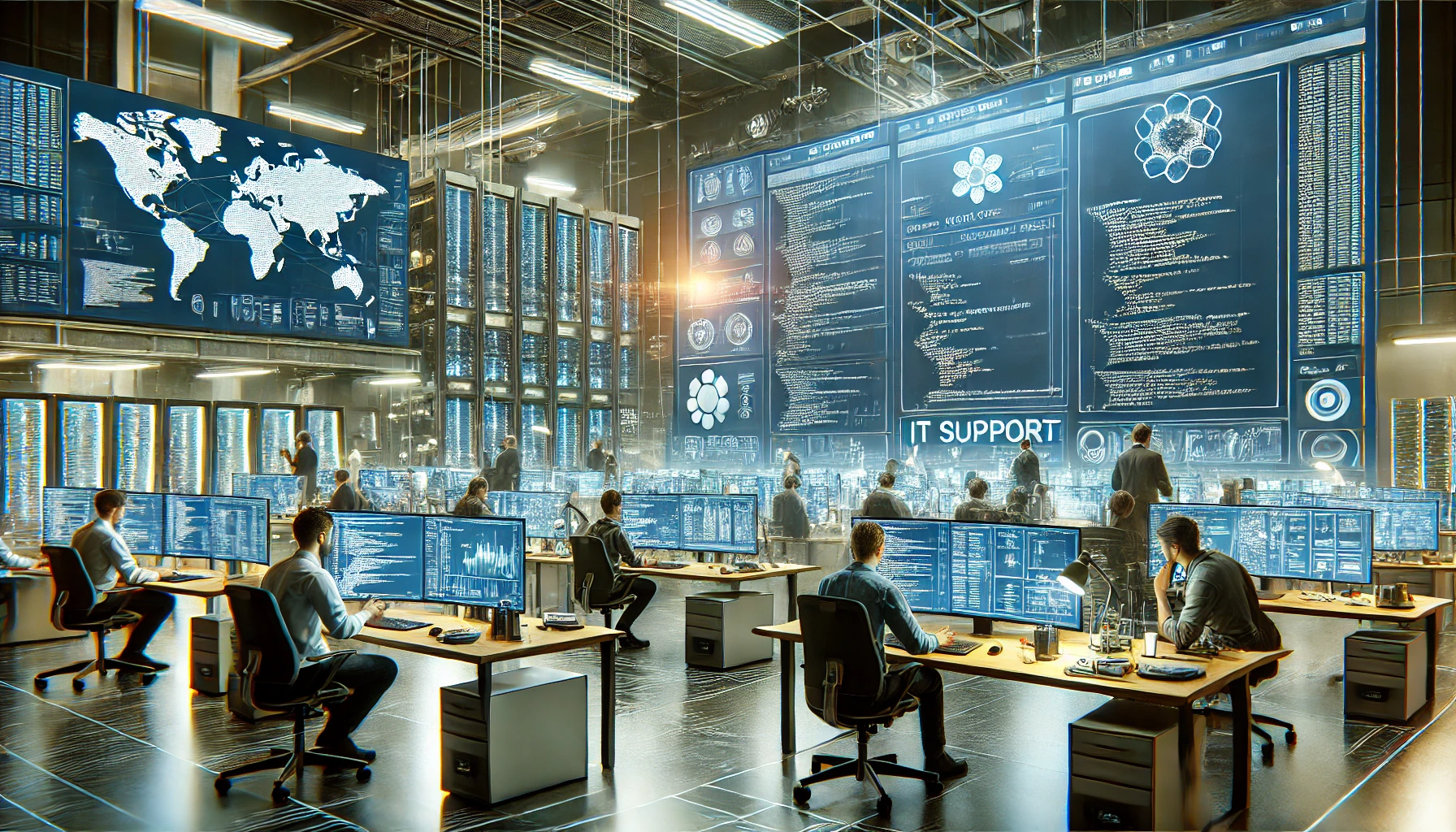 a high-tech software development environment. The scene includes multiple developers collaborating on their workstations with large monitors displaying lines of code, flowcharts, and design prototypes.