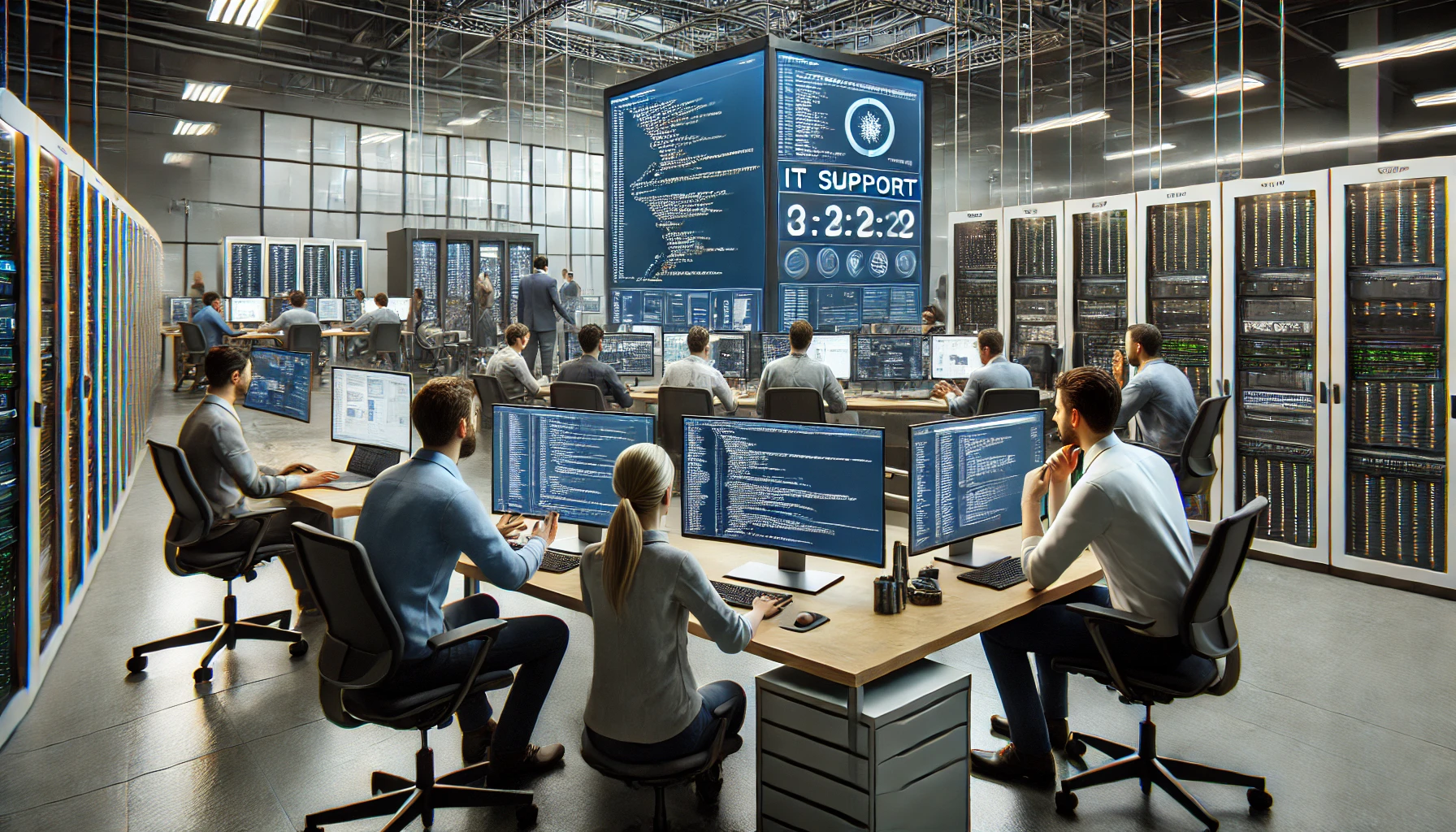 a software development team in a collaborative workspace. The team is actively discussing and working on code, with IT support specialists visible in the background monitoring system performance on large screens.