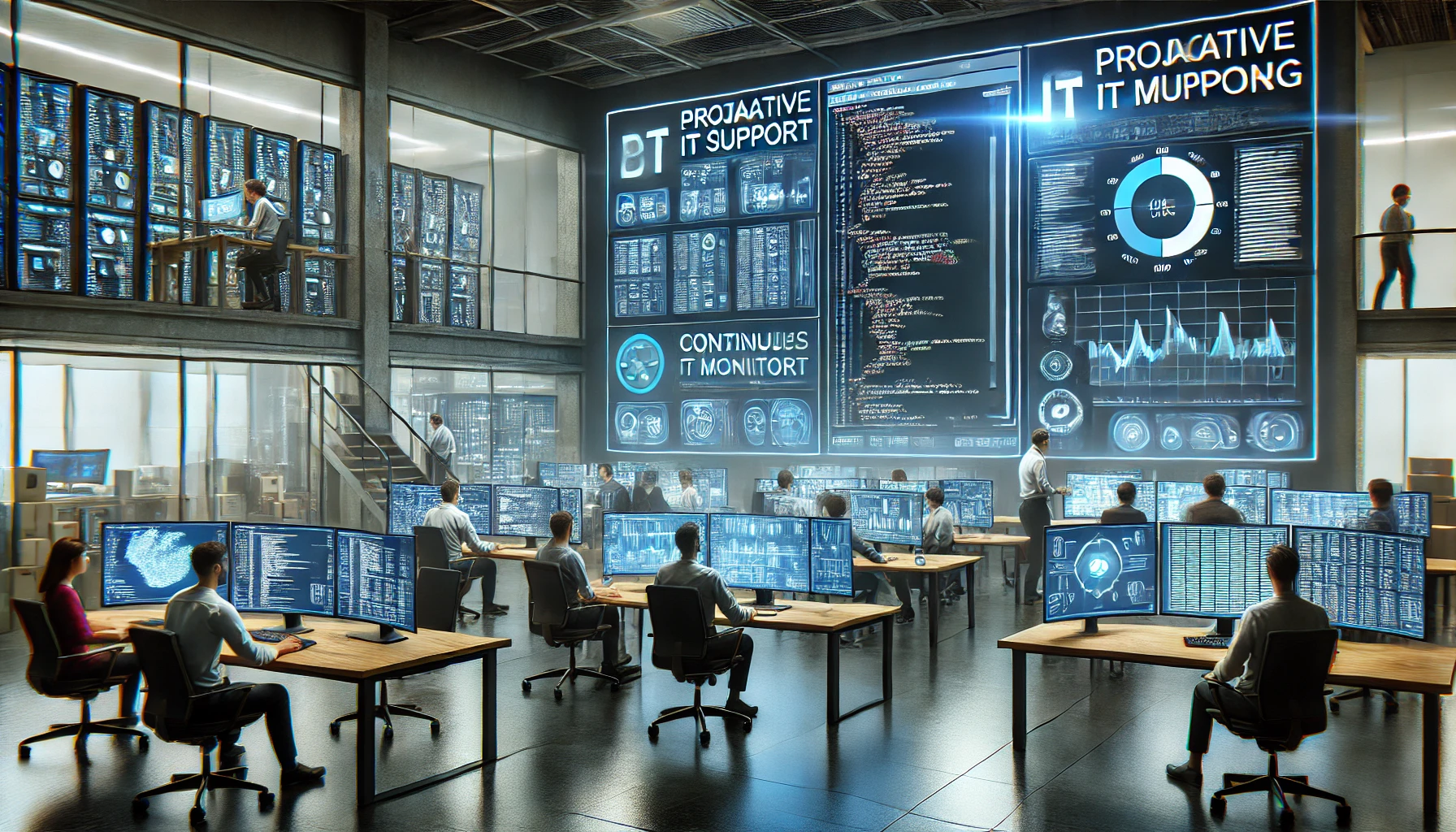 a modern software development environment with multiple screens displaying code and IT monitoring tools. The setting is a high-tech office with ambient lighting.