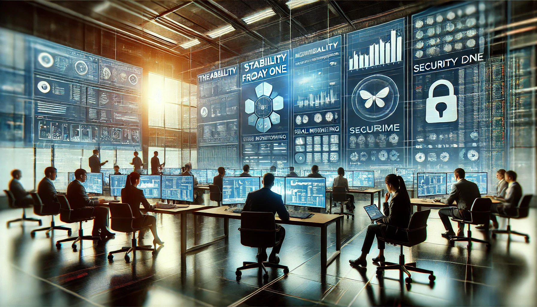 a team of IT professionals working in a modern, high-tech office environment. They are surrounded by multiple large monitors displaying software development tools, real-time monitoring dashboards, and security analytics.