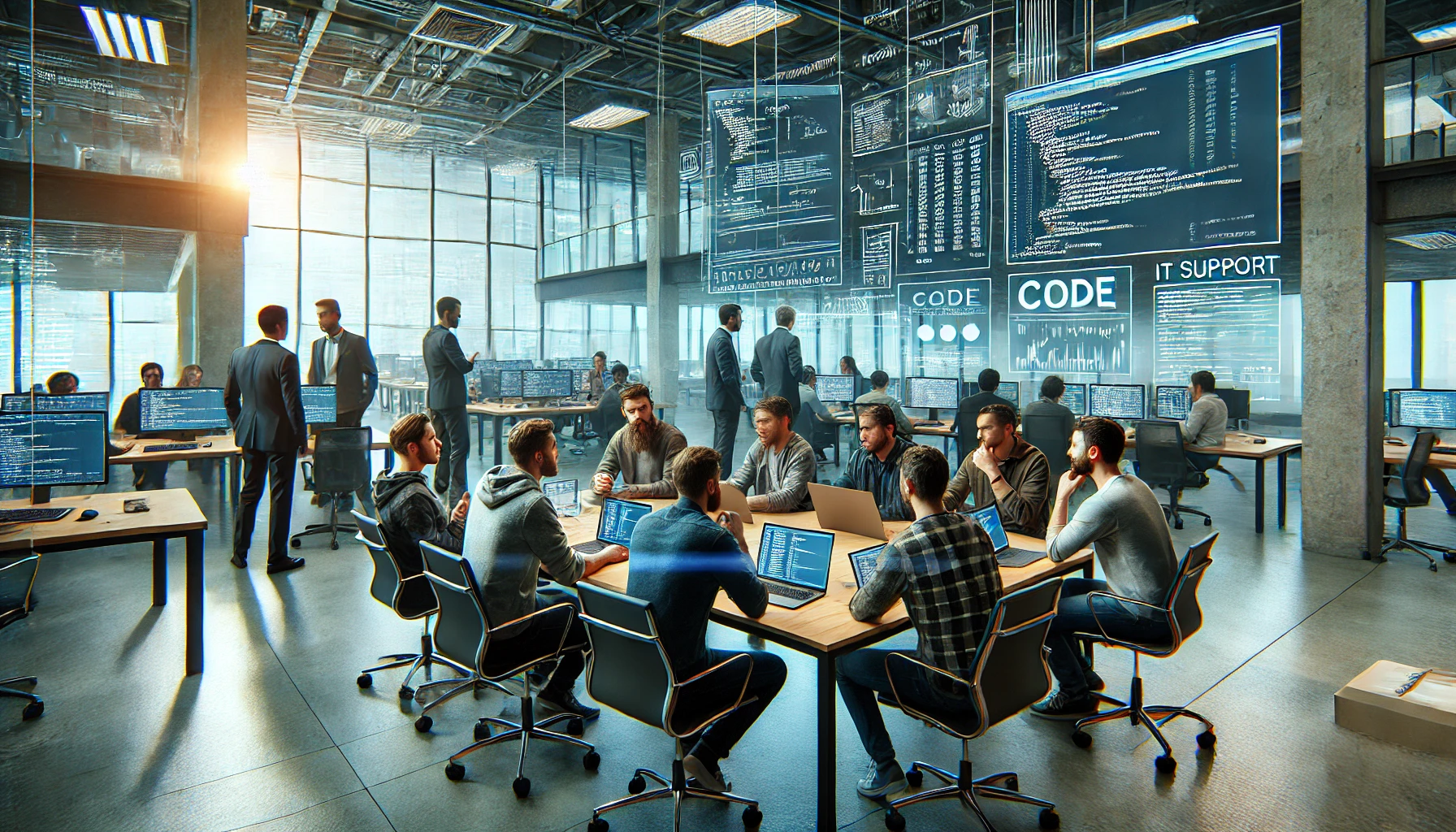 a team of IT support and software developers collaborating in a modern, open office space. The team is gathered around a large table, discussing a software project, with laptops, monitors, and notepads visible.