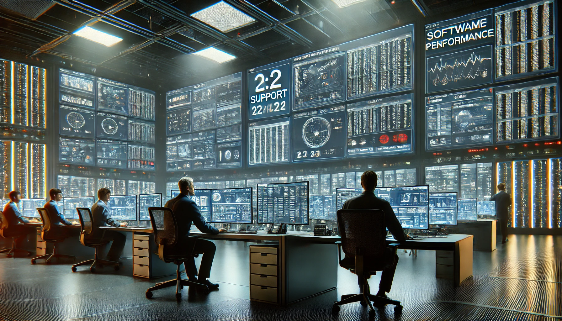 IT support engineers monitoring software performance in a high-tech operations center.