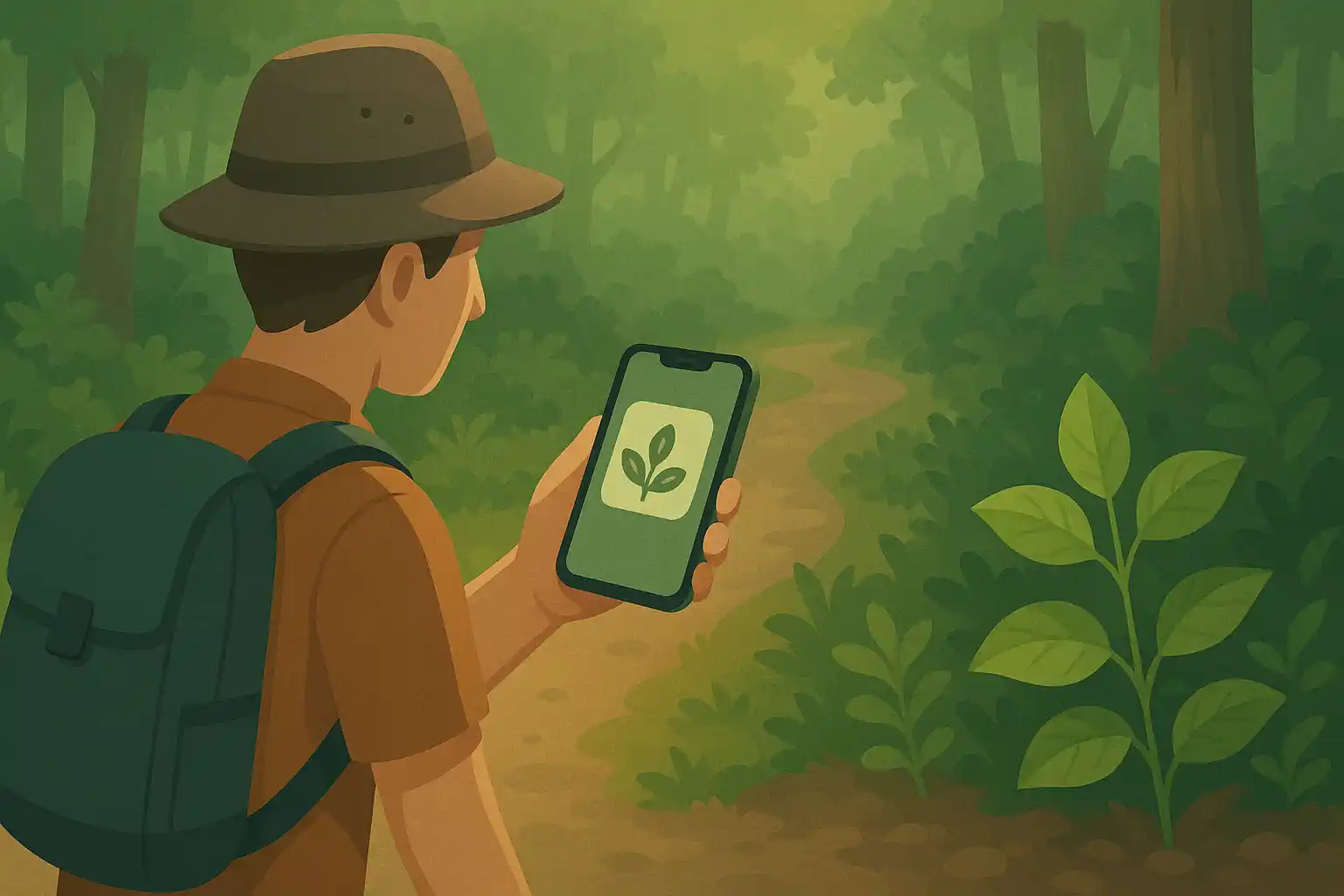 A hiker learns about the unknown plant from an app on his phone.