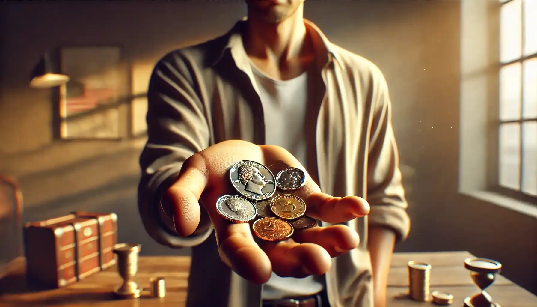 A coin collector holding out their hand, displaying several coins in the palm.