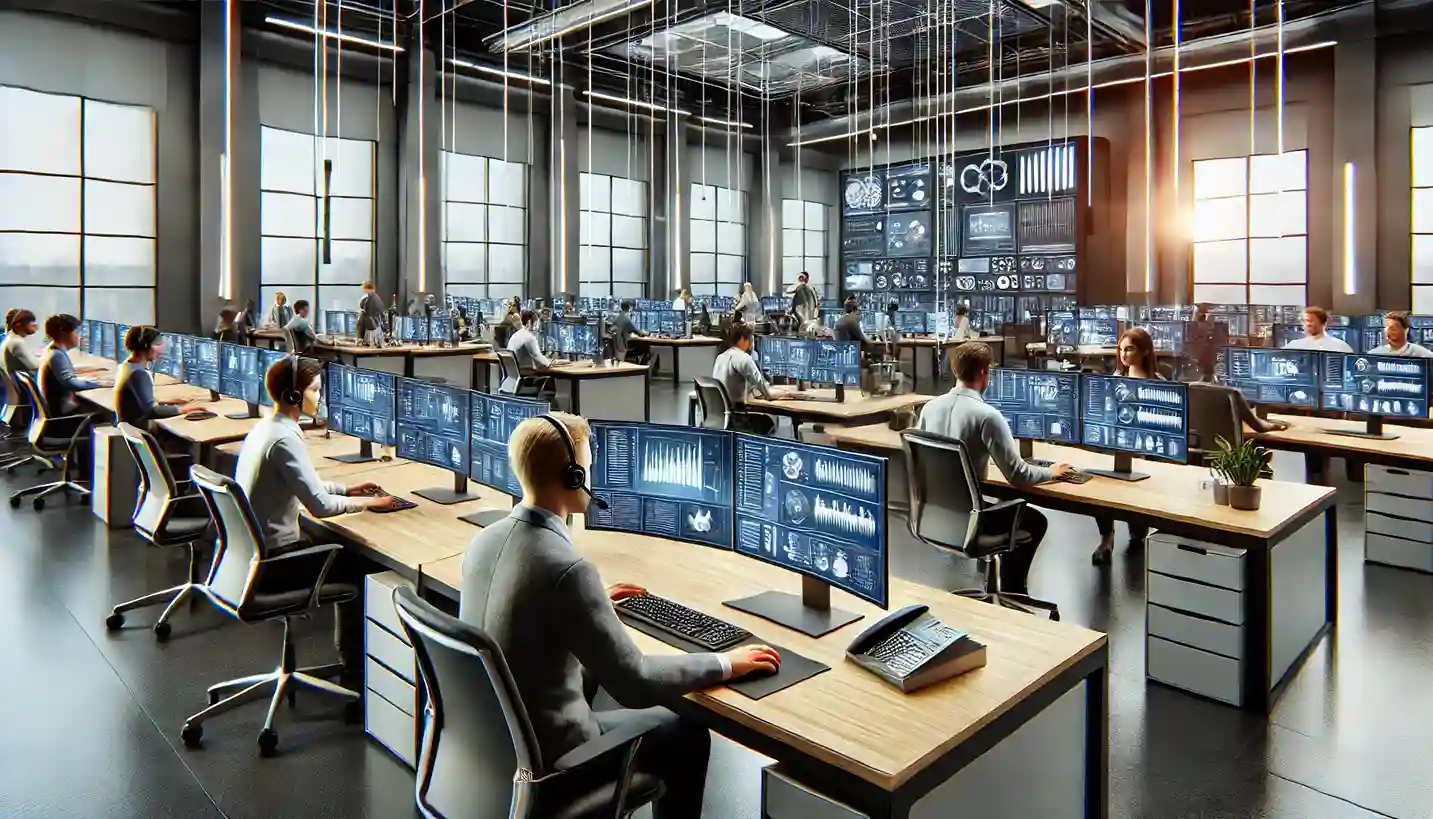 A modern tech support center with IT professionals working on computers and devices in a sleek, collaborative environment.