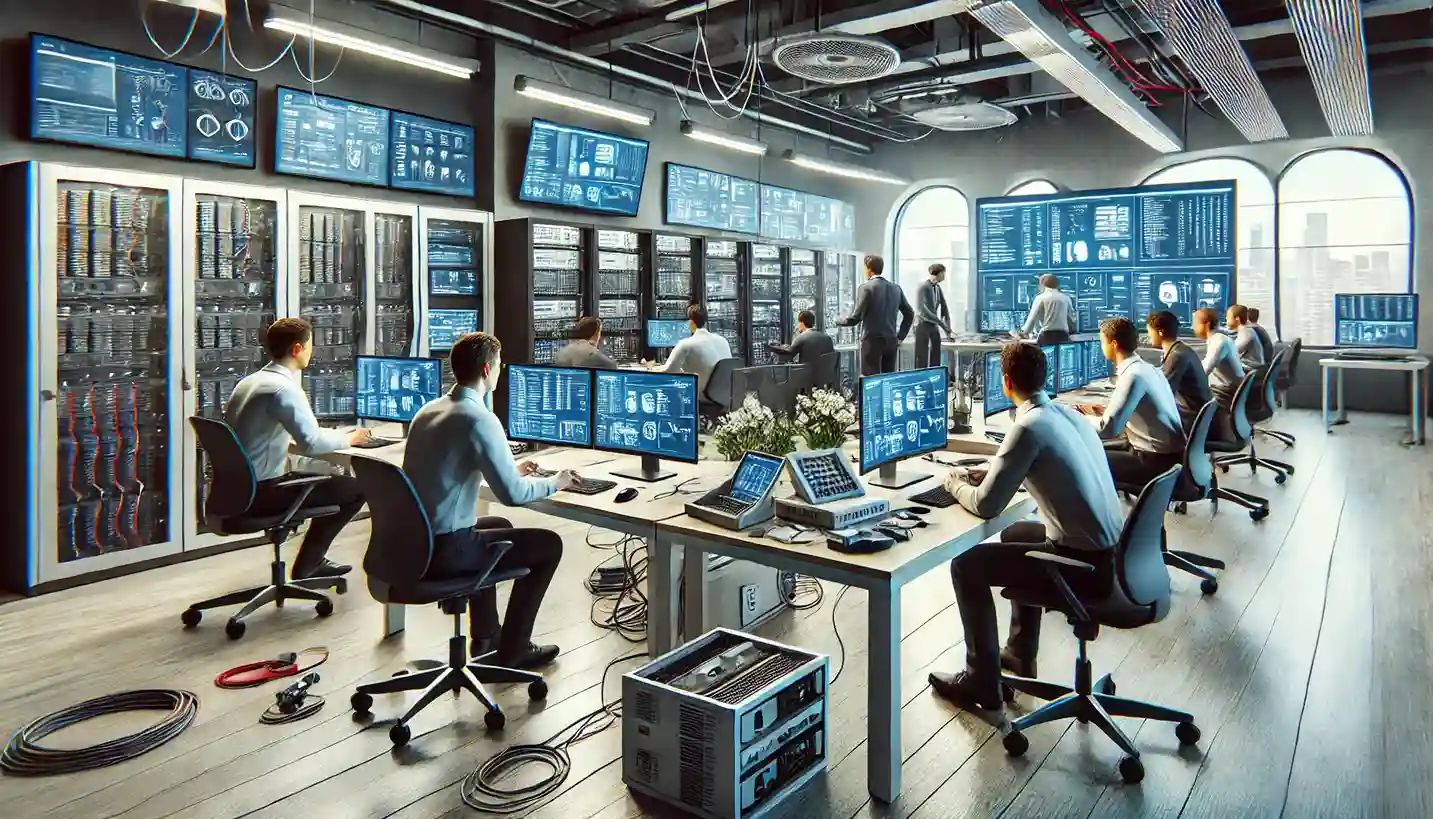an organized workspace with multiple monitors, advanced diagnostic tools, and IT experts actively engaged in troubleshooting tasks.