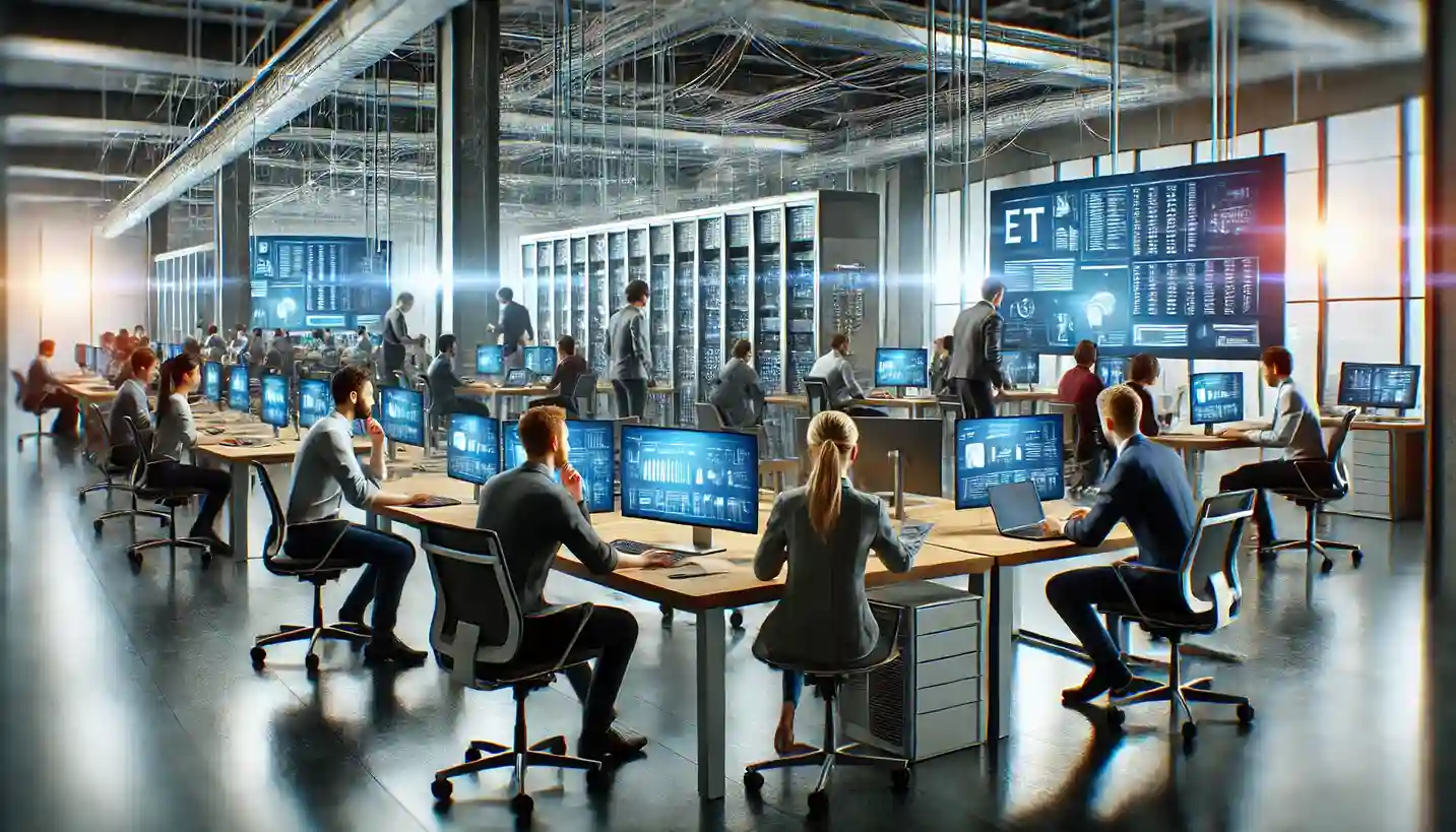 a corporate IT team working together in a modern office environment.
