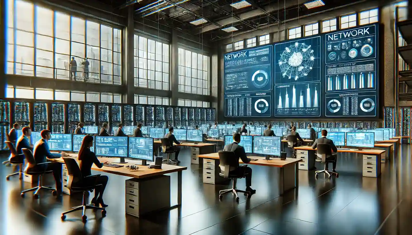 an advanced IT support center featuring a sleek workspace, large monitors displaying network performance, and a collaborative team engaged in proactive system monitoring and troubleshooting.