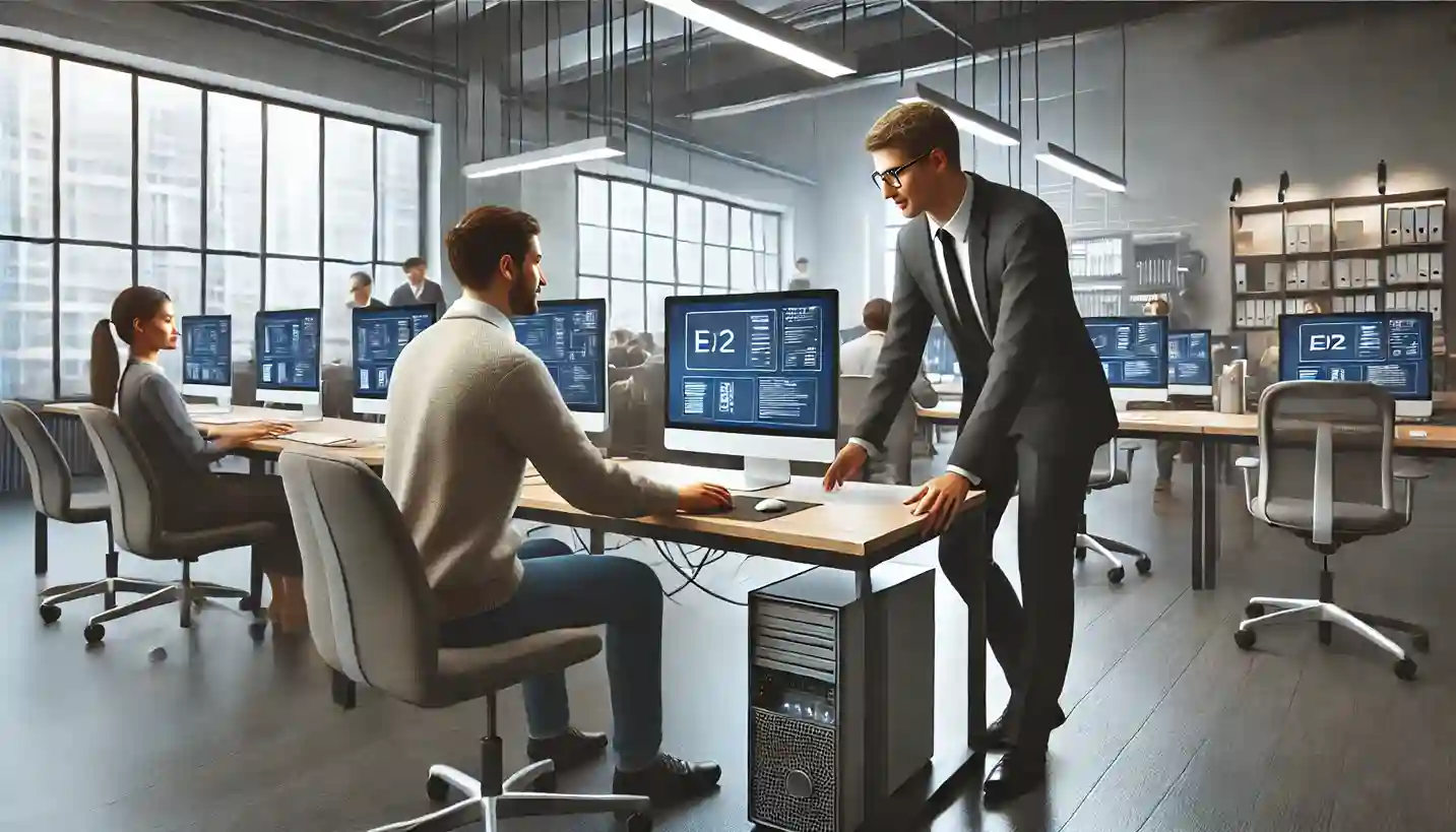 An office environment featuring an IT support technician assisting a user in a modern, collaborative setting.