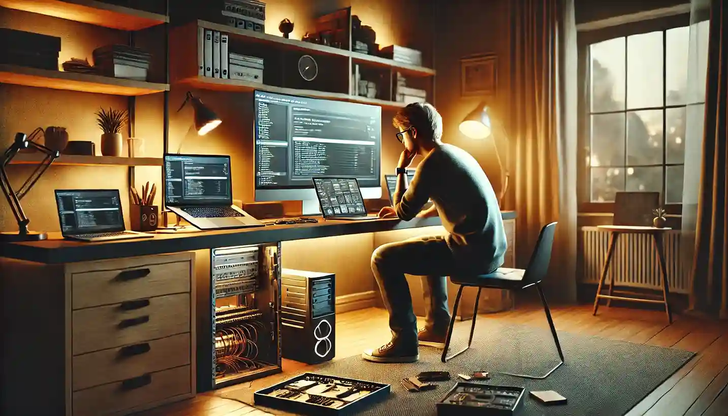 A modern home office setup with a user troubleshooting a laptop issue in a calm, organized workspace.