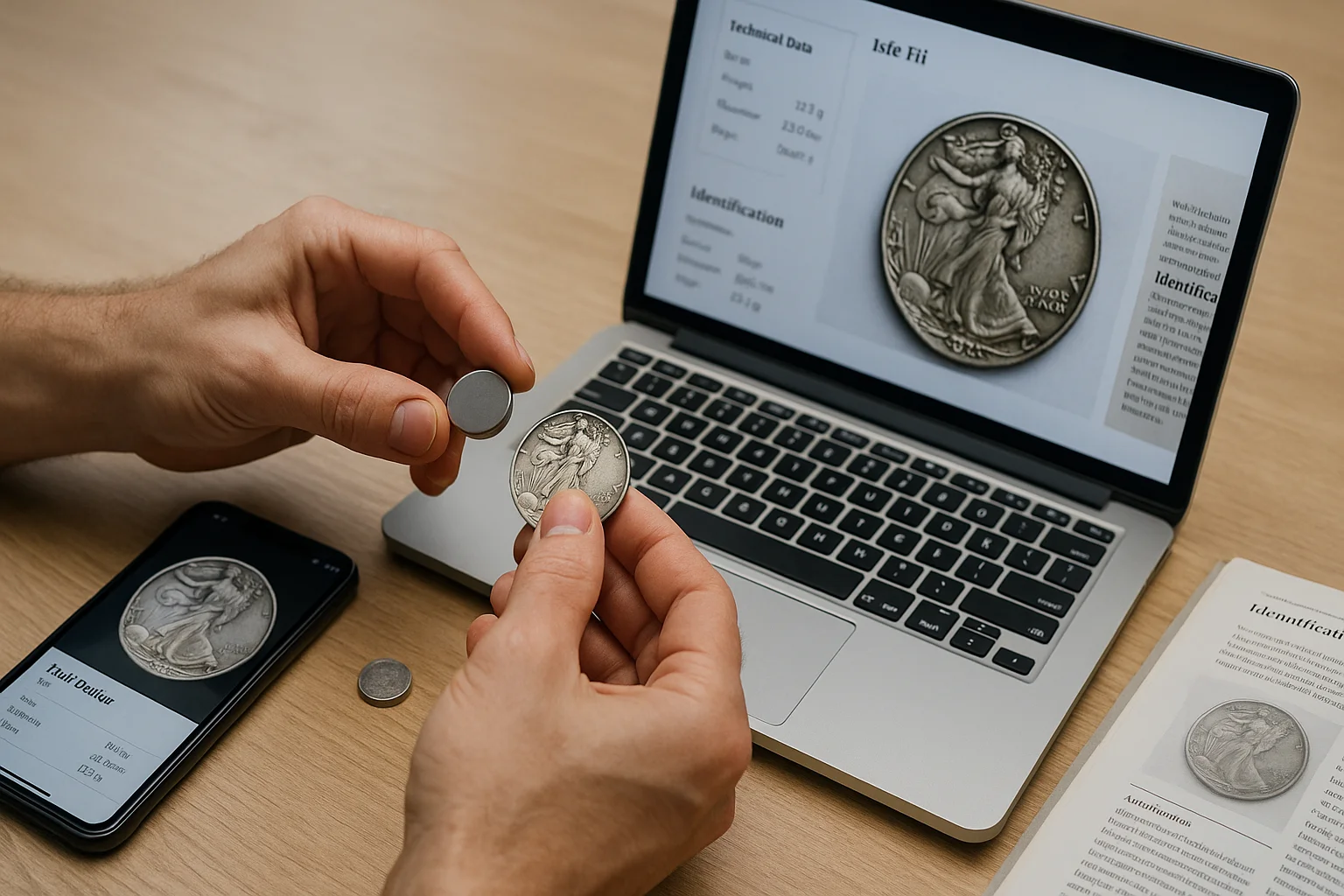 A collector tests a coin with a small magnet while a smartphone and open digital references lie on the table beside him.