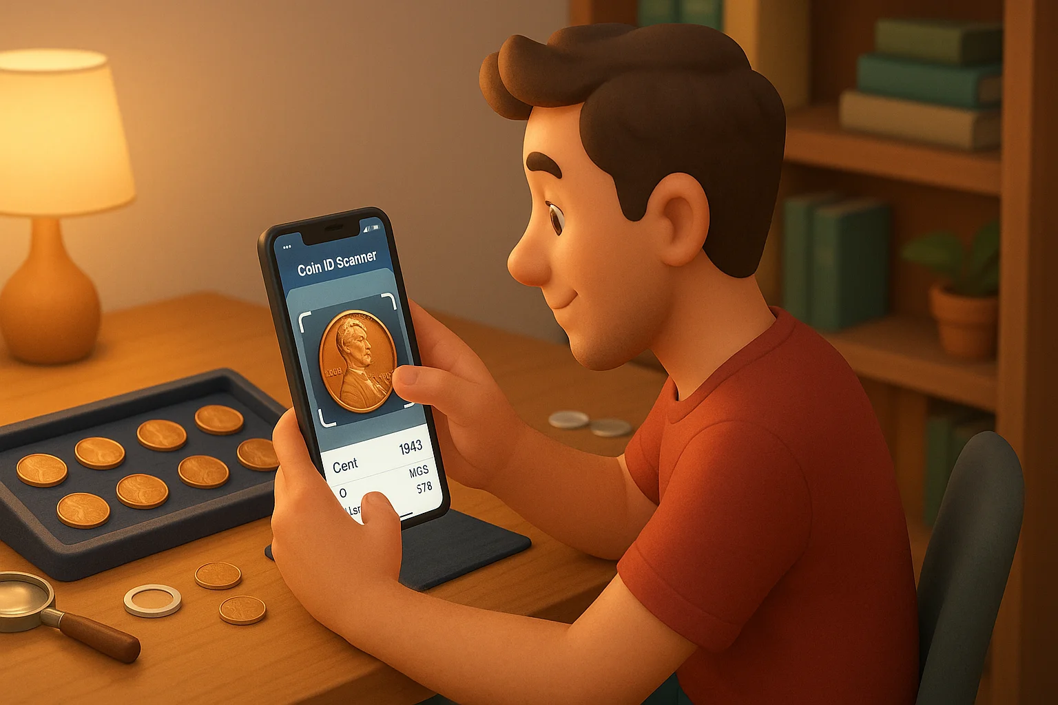 A man at a table scans a coin via Coin ID Scanner.