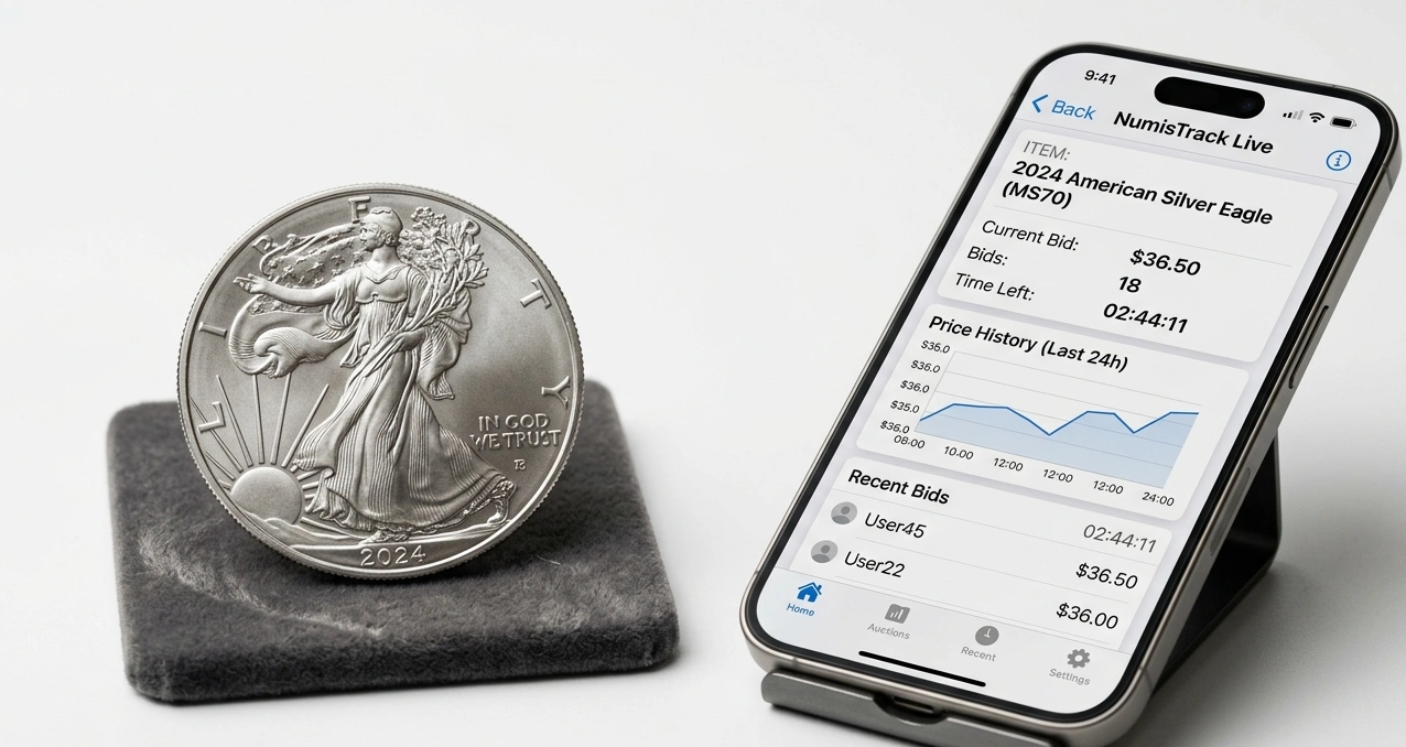 an American Silver Eagle coin with a smartphone displaying auction tracking software