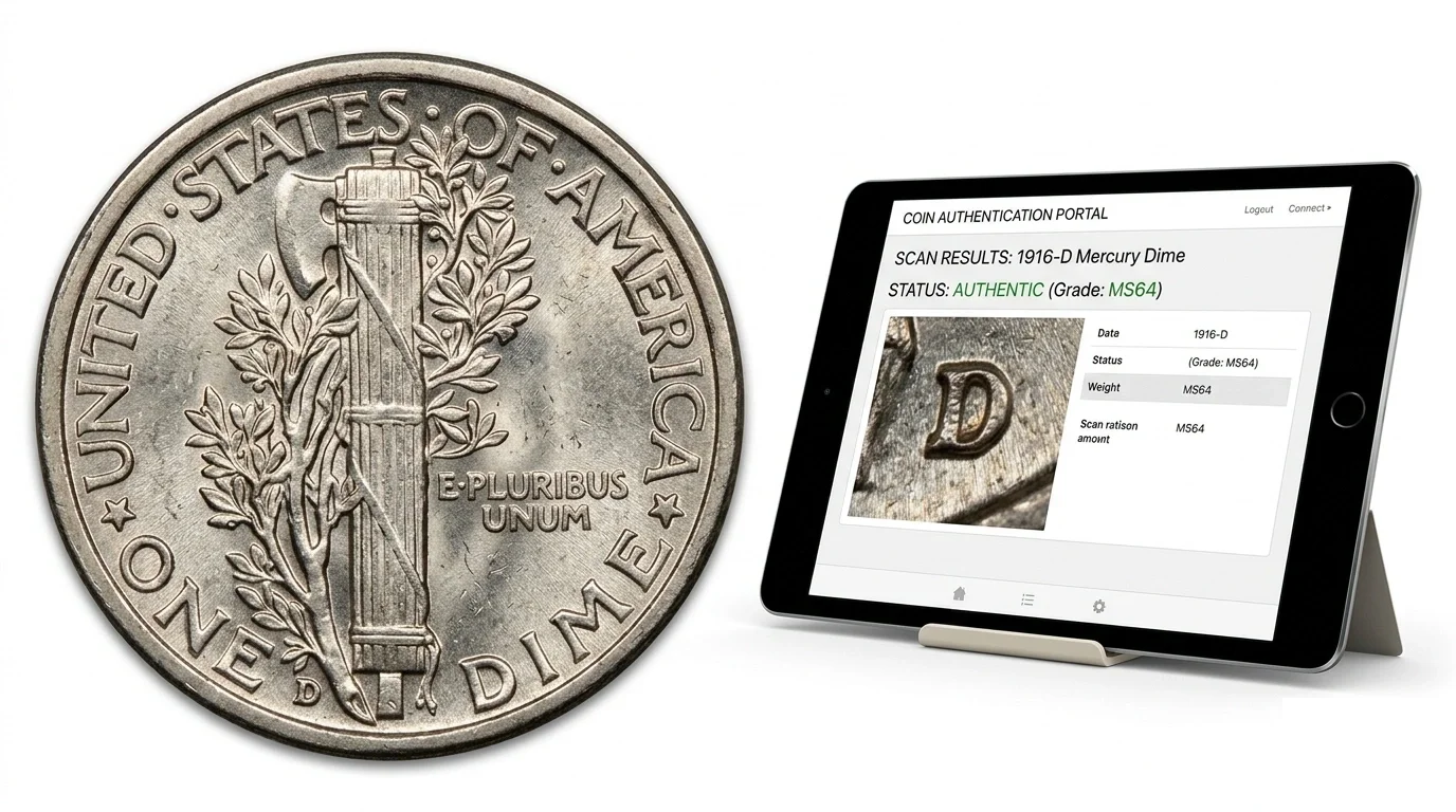a 1916-D Mercury dime beside digital authentication software on a tablet screen